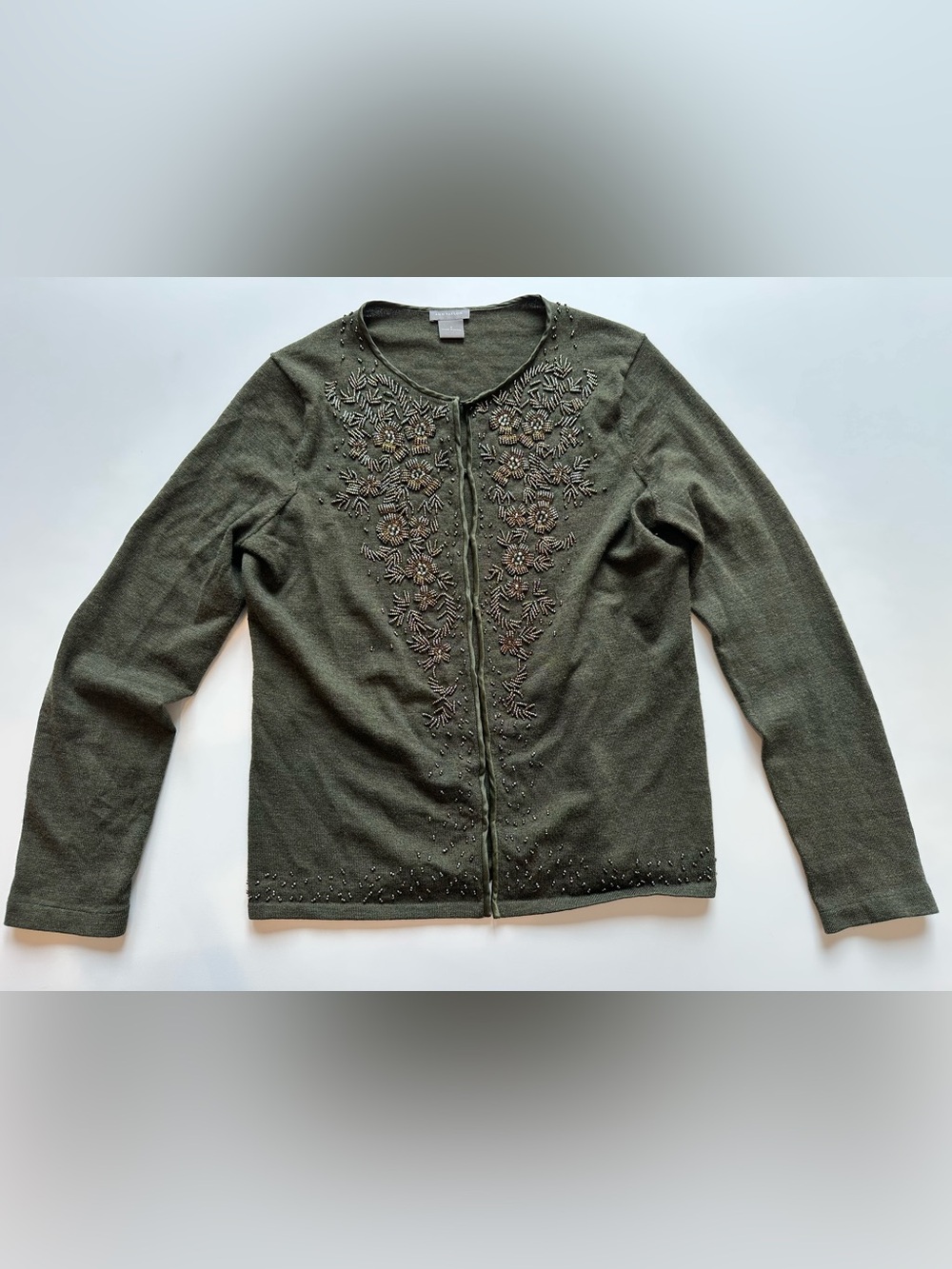 Ann Taylor Beaded Floral Embellished Cardigan Sweater Olive Green S